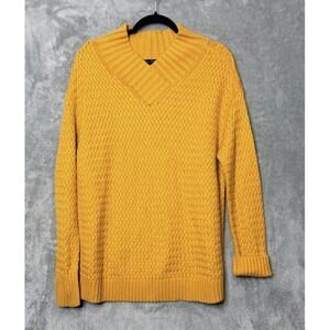 Talbots Mustard Yellow Textured Basketweave V-Neck Pullover Sweater Size M